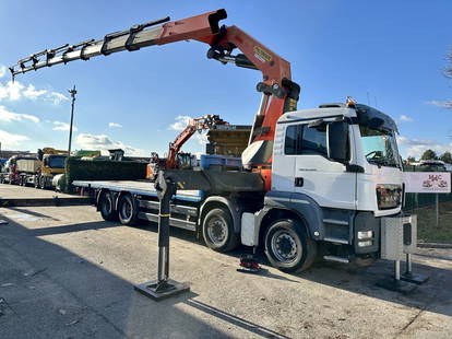 MAN TGS 35.440 8x4 + CRANE PALFINGER PK 78002 SH-G (8x) - *284.000km* - PLATFORM 7m80  + TWISTLOCKS - FRONT STABS - 13T AXLES - BY-COOL BE TRUCK