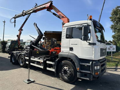 MAN TGA 33 33.360 6x4 ROLL-OFF TIPPER + CRANE PALFINGER PK 15002 - MANUAL GEARBOX - STEEL SPRING - HUB REDUCTION BIG AXLES - BE TRUCK